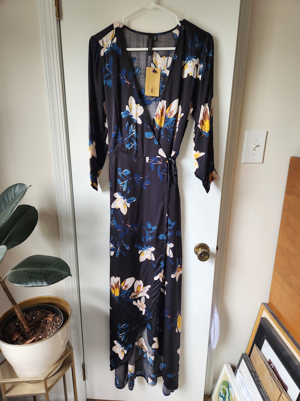 Black Floral Wrap Maxi Dress with Blue & Yellow Blossoms Knot Sisters NWT